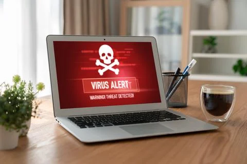 Virus warning alert on computer screen detected modish cyber threat Stock Photos