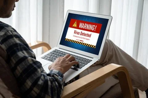 Virus warning alert on computer screen detected modish cyber threat Stock Photos