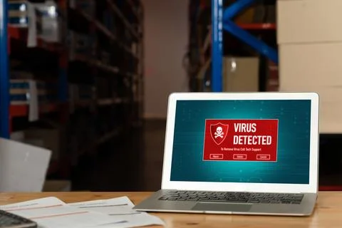 Virus warning alert on computer screen detected modish cyber threat Stock Photos