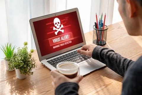 Virus warning alert on computer screen detected modish cyber threat Stock Photos
