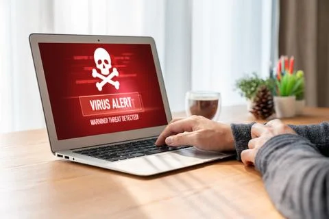 Virus warning alert on computer screen detected modish cyber threat Stock Photos