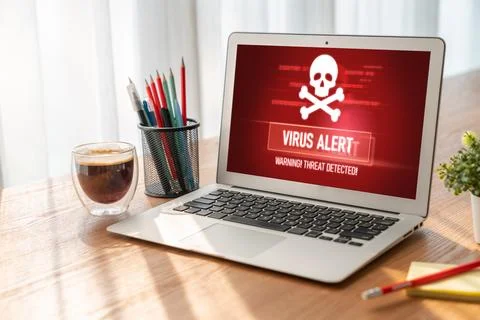Virus warning alert on computer screen detected modish cyber threat Stock Photos