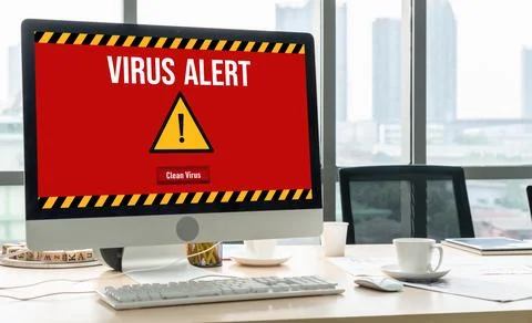 Virus warning alert on computer screen detected modish cyber threat Stock Photos