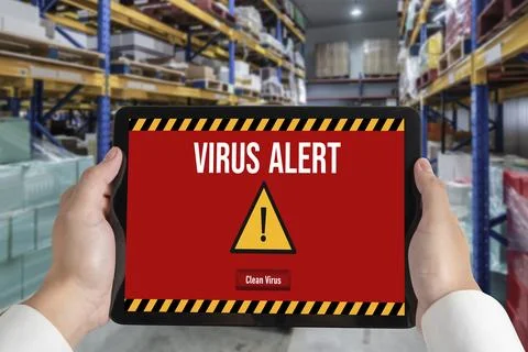 Virus warning alert on computer screen detected modish cyber threat Stock Photos