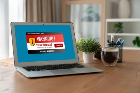 Virus warning alert on computer screen detected modish cyber threat Stock Photos