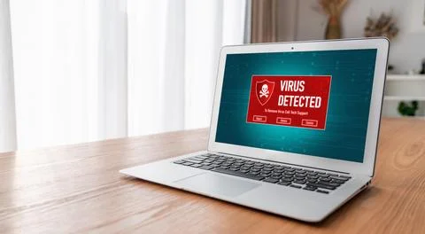 Virus warning alert on computer screen detected modish cyber threat Stock Photos