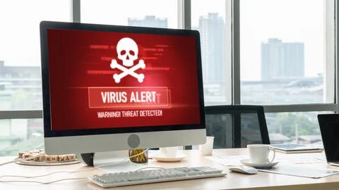Virus warning alert on computer screen detected modish cyber threat Stock Photos