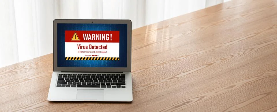 Virus warning alert on computer screen detected modish cyber threat Stock Photos