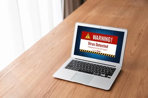 Virus warning alert on computer screen detected modish cyber threat Stock Photos