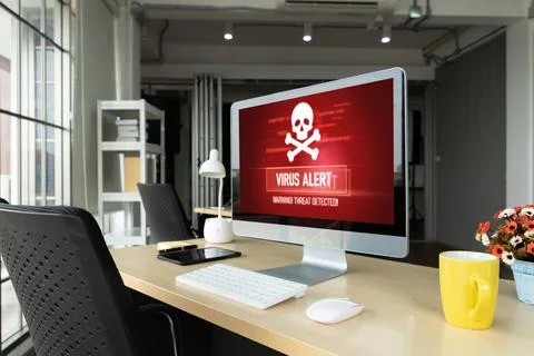 Virus warning alert on computer screen detected modish cyber threat Stock Photos