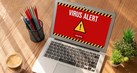 Virus warning alert on computer screen detected modish cyber threat Stock Photos