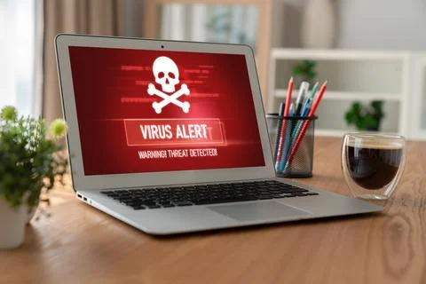 Virus warning alert on computer screen detected modish cyber threat Stock Photos