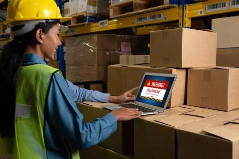 Virus warning alert on computer screen detected modish cyber threat Stock Photos