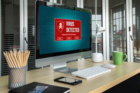 Virus warning alert on computer screen detected modish cyber threat Stock Photos