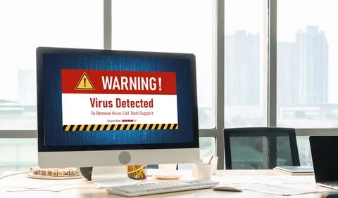 Virus warning alert on computer screen detected modish cyber threat Foto stock