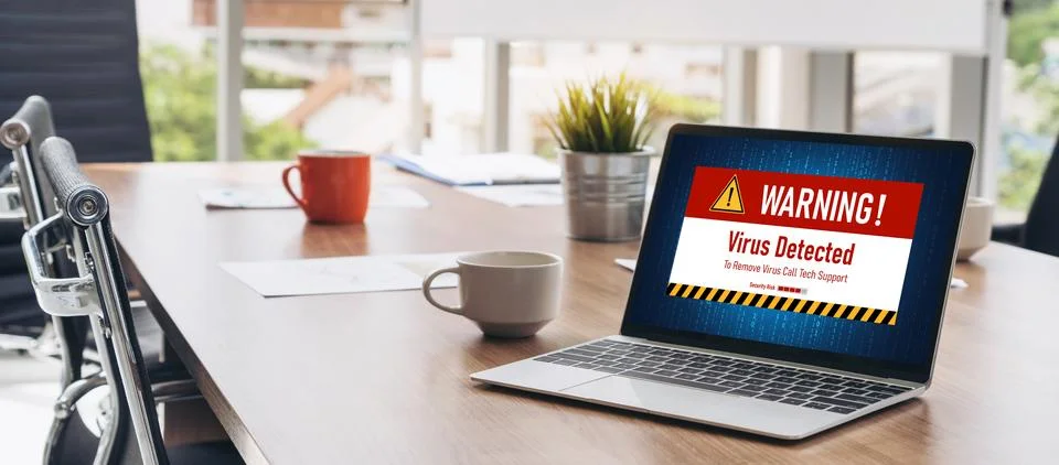 Virus warning alert on computer screen detected modish cyber threat Stock Photos