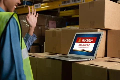 Virus warning alert on computer screen detected modish cyber threat Stock Photos