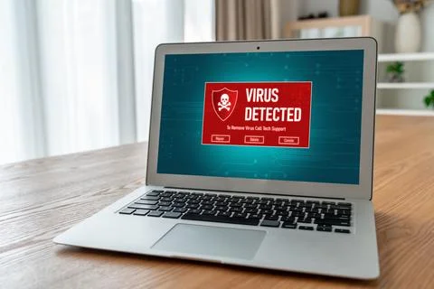 Virus warning alert on computer screen detected modish cyber threat Stock Photos