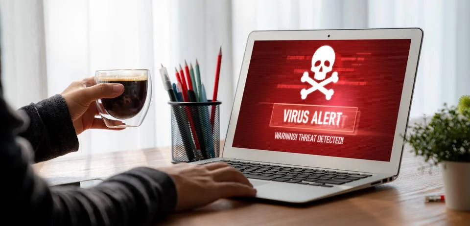 Virus warning alert on computer screen detected modish cyber threat Stock Photos