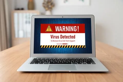 Virus warning alert on computer screen detected modish cyber threat Stock Photos