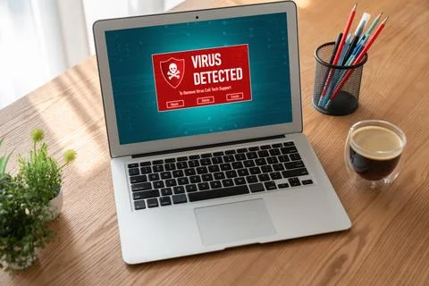 Virus warning alert on computer screen detected modish cyber threat Stock Photos