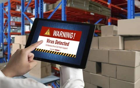Virus warning alert on computer screen detected modish cyber threat Stock Photos