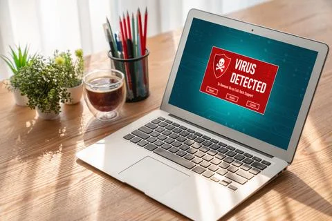 Virus warning alert on computer screen detected modish cyber threat Stock Photos