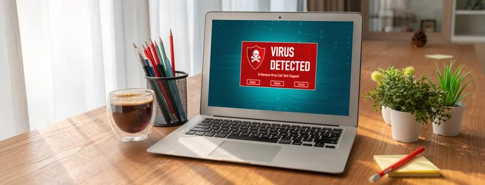 Virus warning alert on computer screen detected modish cyber threat Stock Photos