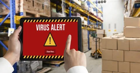 Virus warning alert on computer screen detected modish cyber threat Stock Photos
