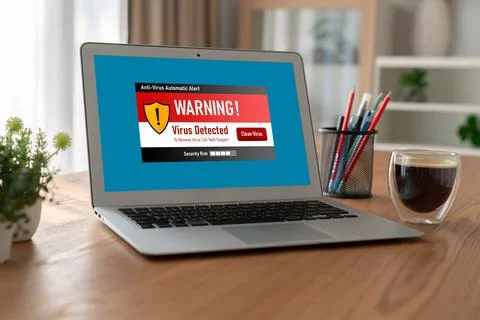 Virus warning alert on computer screen detected modish cyber threat Stock Photos