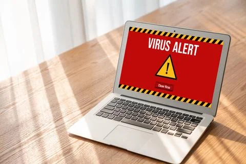 Virus warning alert on computer screen detected modish cyber threat Stock Photos