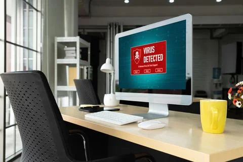 Virus warning alert on computer screen detected modish cyber threat Stock Photos