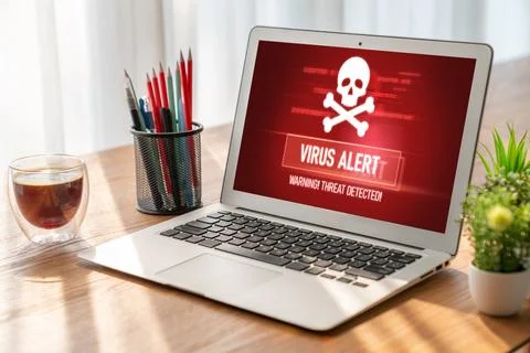 Virus warning alert on computer screen detected modish cyber threat Stock Photos