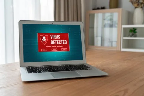 Virus warning alert on computer screen detected modish cyber threat Stock Photos