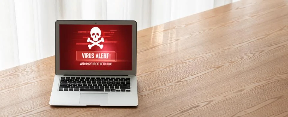 Virus warning alert on computer screen detected modish cyber threat Stock Photos