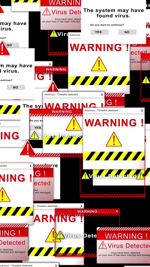 Virus warning pop up alert background red security windows, danger symbols, and Stock Footage 340576267