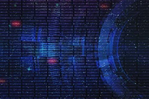 Virus word amongst binary number circular technology galaxy effect abstract i Stock Photos