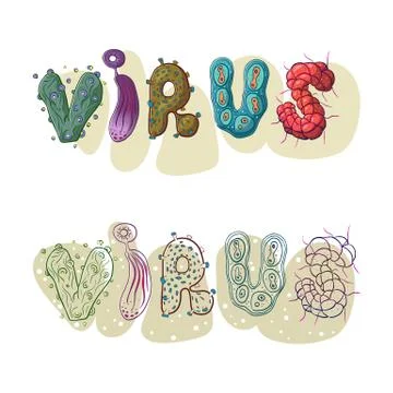 Virus words set compound from cartoon virus cells Stock Illustration