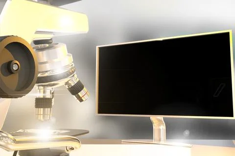 Virus work concept, lab microscope and monitor with flare Stockillustratie