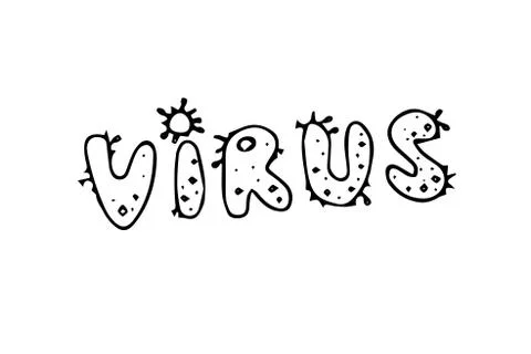 Virus written in virus shape, black and white illustration Ilustración de archivo