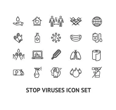 Viruse Stop Sign Black Thin Line Icon Set. Vector Stock Illustration