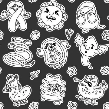 Viruses and Bacteria Linear Seamless Pattern on Dark Stock Illustration