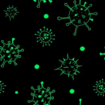 Viruses and bacteria pattern. Seamless backdrop. Green hand drawn illustrations Stock Illustration