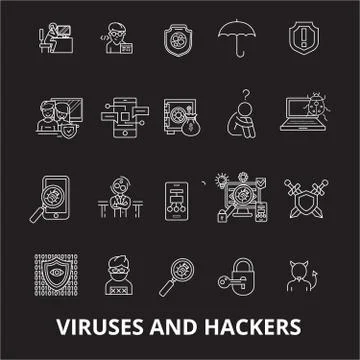 Viruses and hackers editable line icons vector set on black background. Viruses Stock Illustration