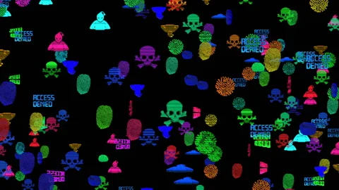 Viruses, attacks, bans, hackers, skulls fly across the screen. acid holographic Stock Footage 85556567