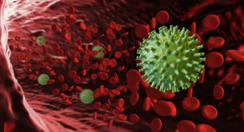 Viruses in blood. Green virus float between red blood cell. Stock Illustration