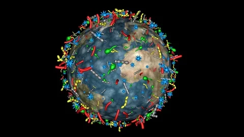 Viruses , germs , bacteria rotating around  planet earth. 3d animation Video stock 126481472