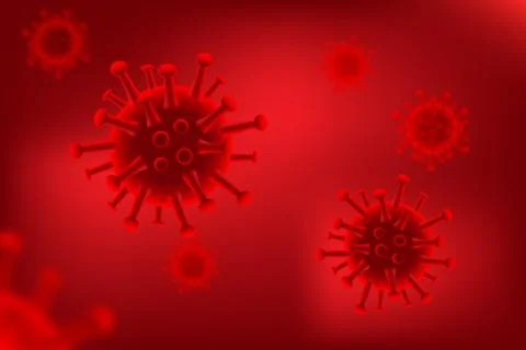 Viruses on red background. Vector horizontal medicine template background. Stock Illustration
