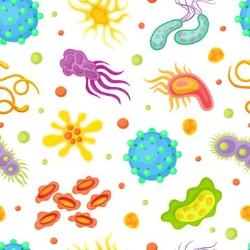 Viruses seamless pattern. Microscopic pathogens, cell illness and microorganisms イラスト素材