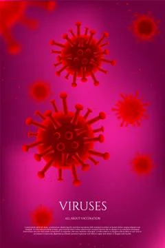 Viruses on violet background. Vector horizontal medicine template background. Stock Illustration